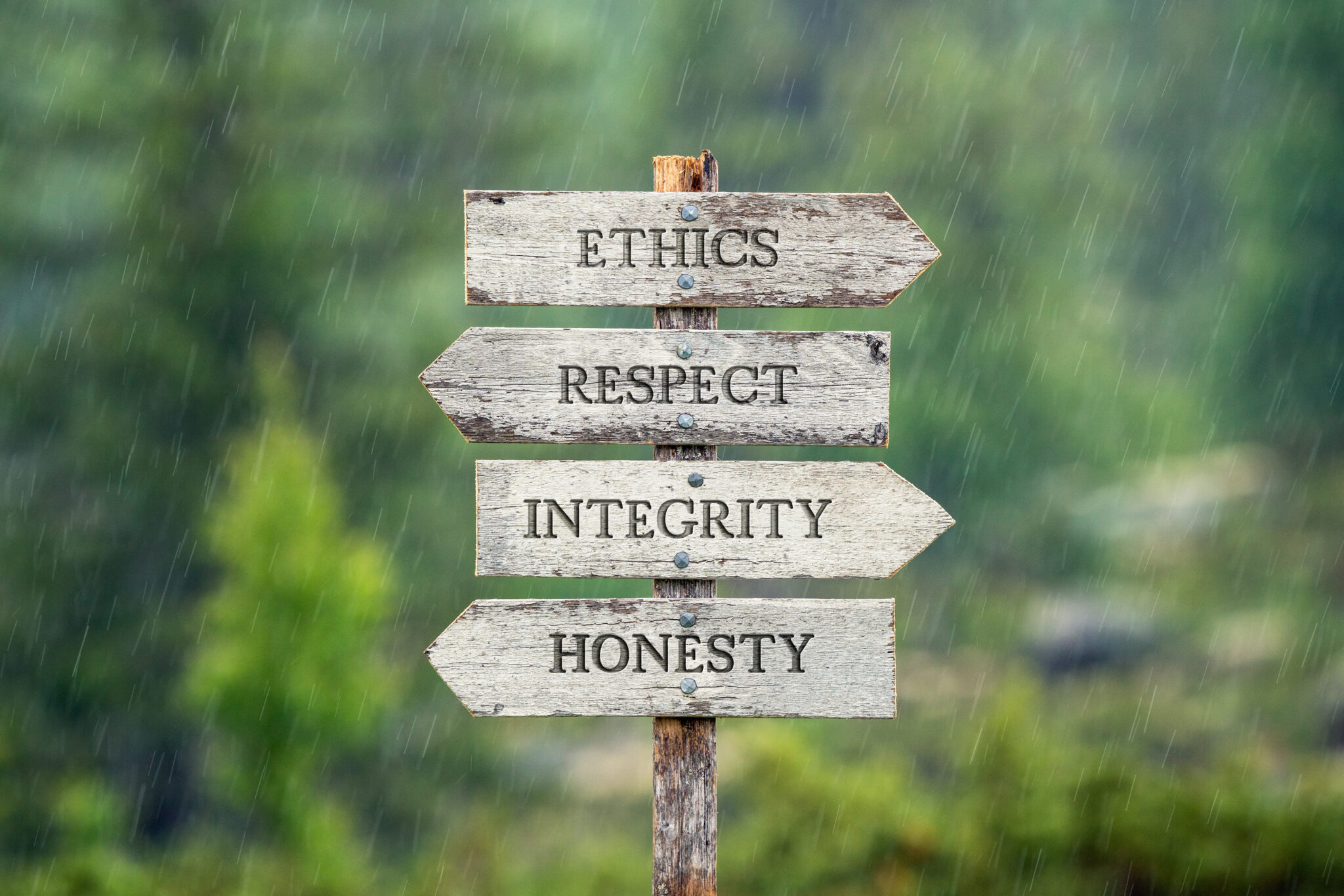 ethics respect integrity honesty text on wooden signpost outdoors in the rain.